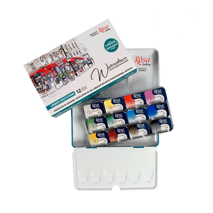 ROSA Gallery Urban Sketching Watercolour Set — 12 Full Pans 2.5ml, Turquoise Metal Tin, Artist Grade