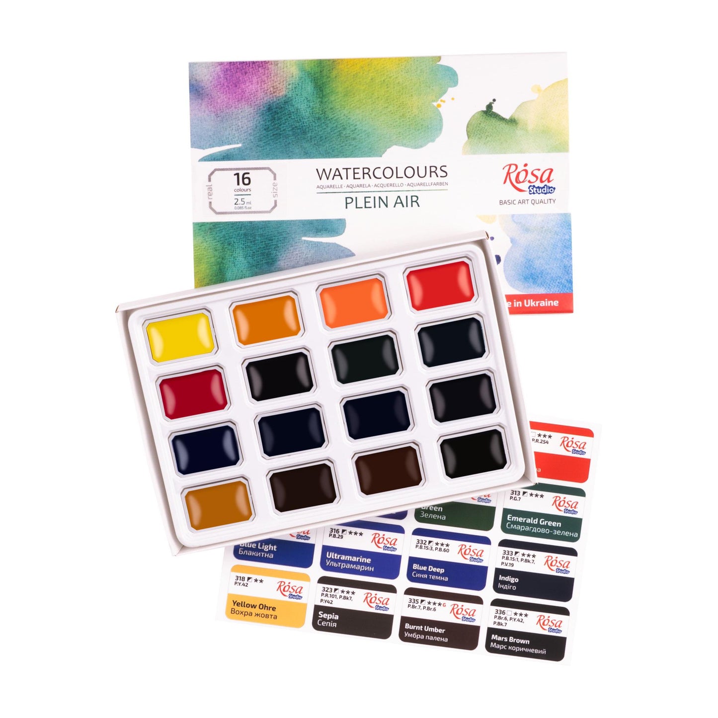 ROSA Studio Plein Air Watercolour Set, 16 or 24 Colours, 2.5ml Pans, Cardboard, Made in Ukraine