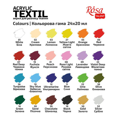 ROSA Talent HEART Fabric Paint Set, 24 Colours x 20ml, Includes Gold & Silver Metallics