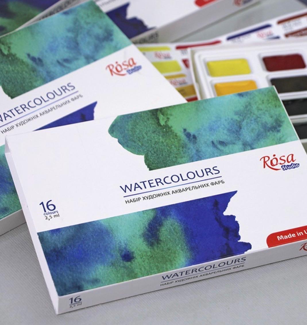 ROSA Studio Watercolour Paint Set, 16 Colours, 2.5ml Half Pans, Beginner Artist Gift, Made in Ukraine