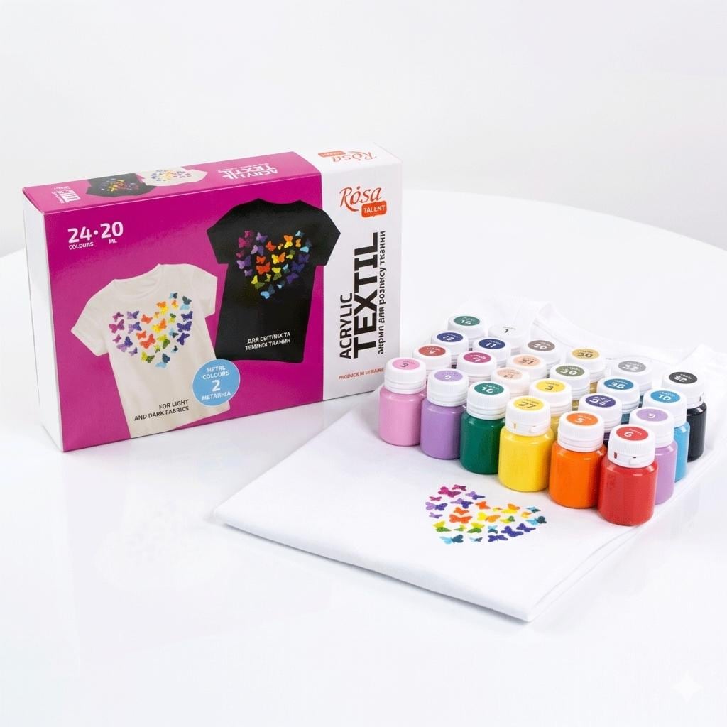 ROSA Talent HEART Fabric Paint Set, 24 Colours x 20ml, Includes Gold & Silver Metallics