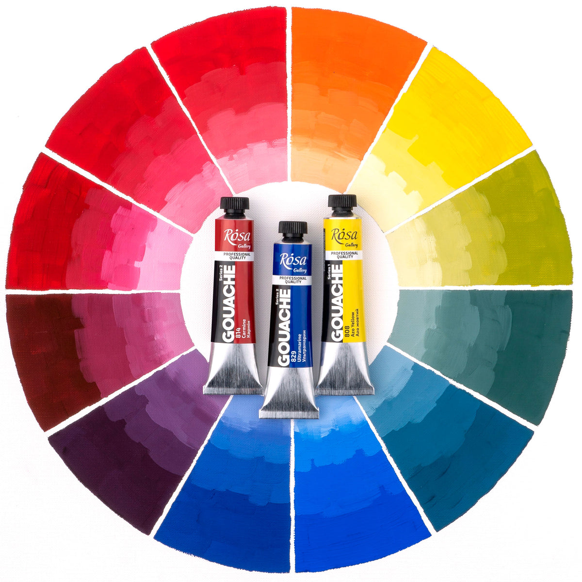 Rosa Gallery Gouache paint arranged in the center of a circular color wheel showing a spectrum of hues on a white background.