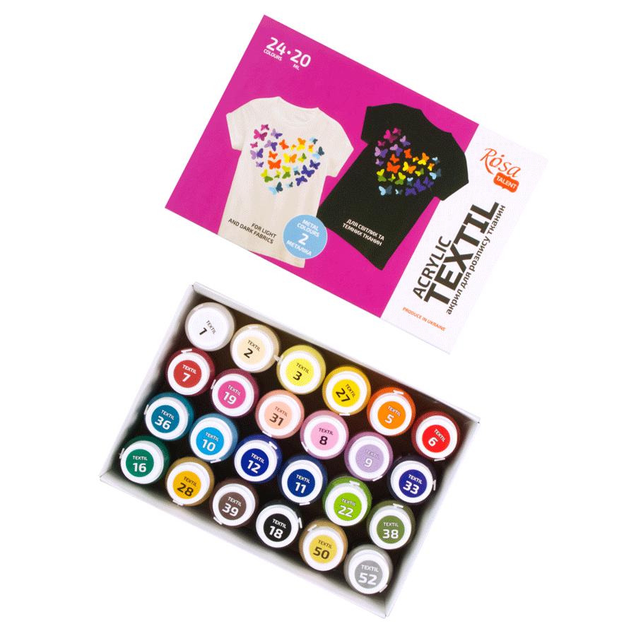 ROSA Talent HEART Fabric Paint Set, 24 Colours x 20ml, Includes Gold & Silver Metallics