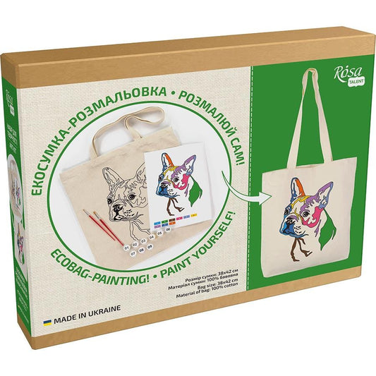 A boxed ecobag painting kit with a French bulldog design. The kit includes a canvas tote bag, a paint-by-numbers guide, and paint. The bag size is 38x42 cm, made of 100% cotton. The text on the box says "ECOBAG-PAINTING! PAINT YOURSELF!"