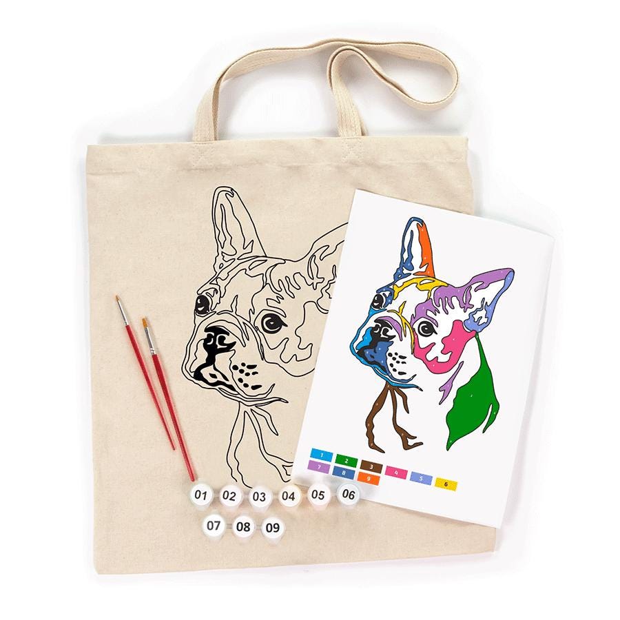 A paint-by-numbers kit and canvas tote bag with a French Bulldog design. The tote bag has a black outline of the dog, while the paint-by-numbers image shows a colourful version. Includes paintbrushes and numbered paint pots.