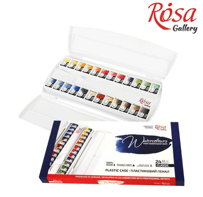 ROSA Gallery Classic Watercolour Set — 24 Full Pans 2.5ml, Plastic Travel Case, Professional Artist