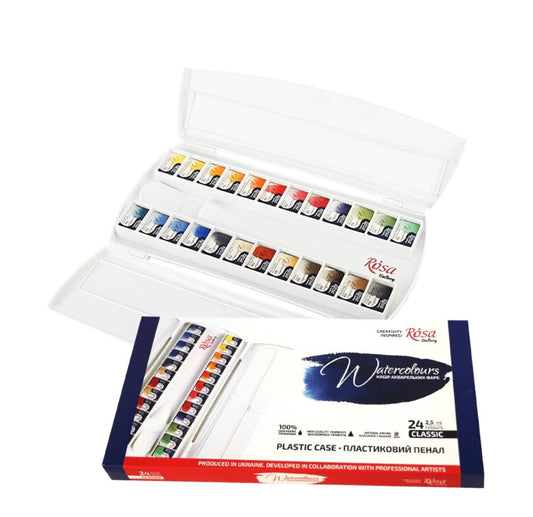 Rosa Gallery watercolor set with open case displaying colors and packaging on a white background.