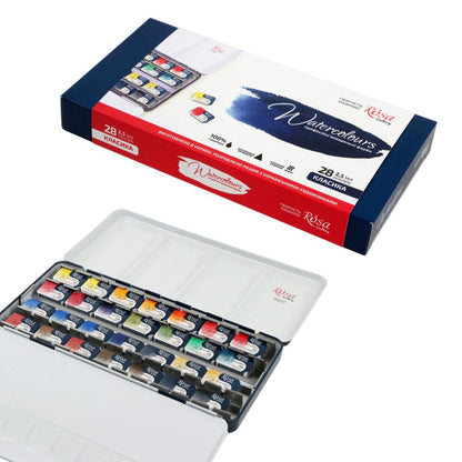 ROSA Gallery Classic Watercolour Set — 28 Full Pans 2.5ml, Indigo Metal Case, Professional Artist