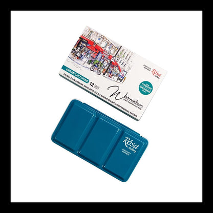 ROSA Gallery Urban Sketching Watercolour Set — 12 Full Pans 2.5ml, Turquoise Metal Tin, Artist Grade