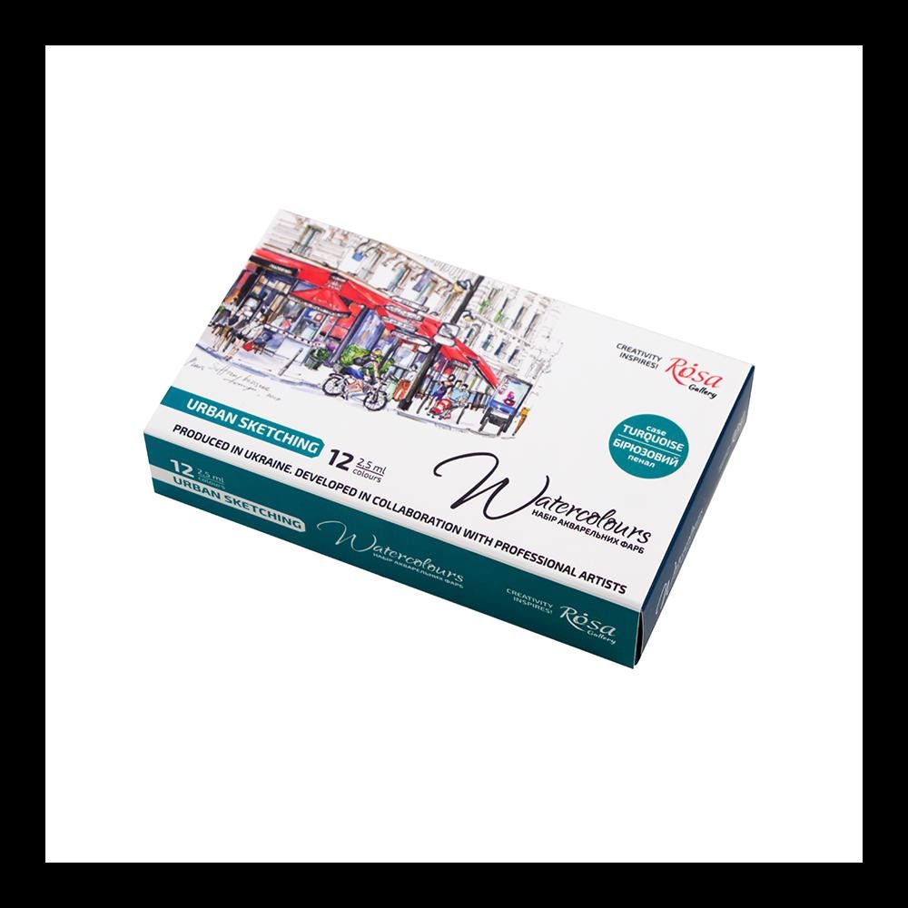 ROSA Gallery Urban Sketching Watercolour Set — 12 Full Pans 2.5ml, Turquoise Metal Tin, Artist Grade