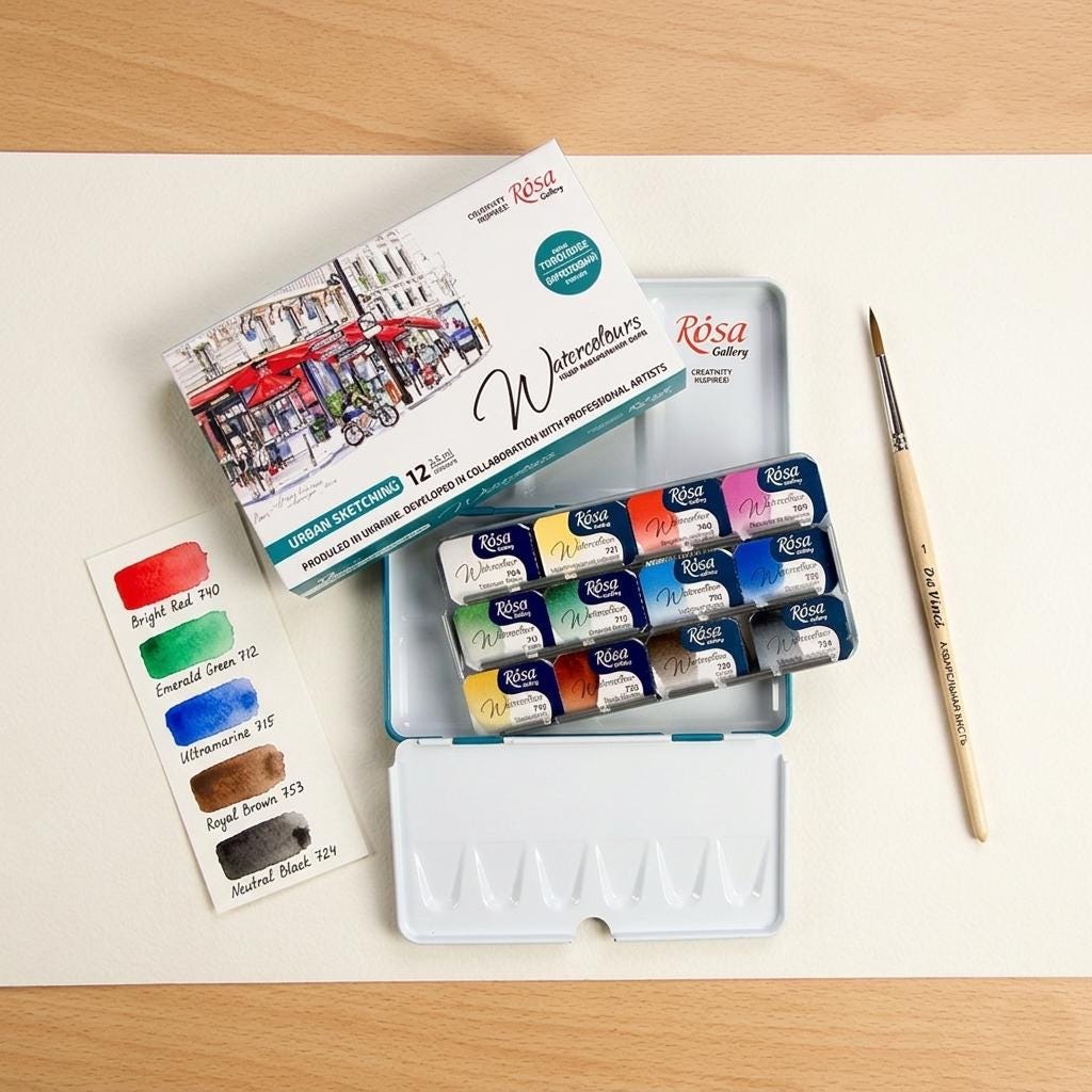 ROSA Gallery Urban Sketching Watercolour Set — 12 Full Pans 2.5ml, Turquoise Metal Tin, Artist Grade