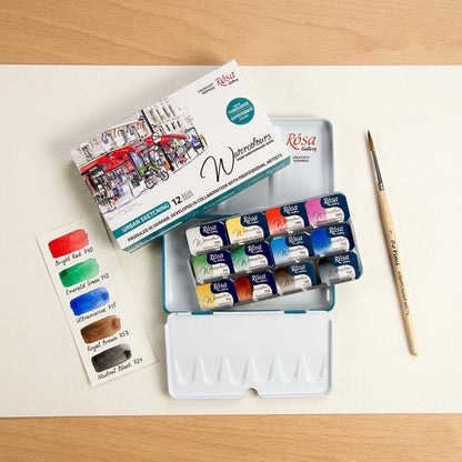 ROSA Gallery Urban Sketching Watercolour Set — 12 Full Pans 2.5ml, Turquoise Metal Tin, Artist Grade