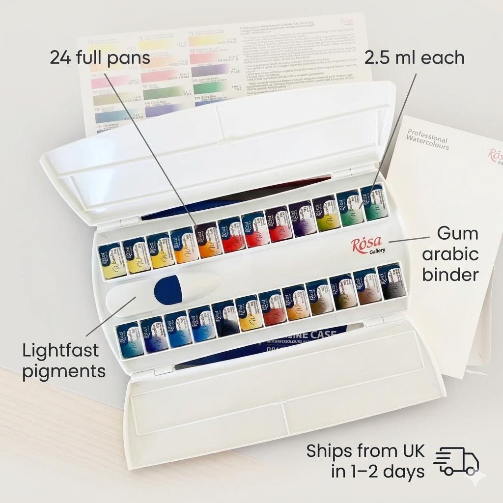 ROSA Gallery Classic Watercolour Set — 24 Full Pans 2.5ml, Plastic Travel Case, Professional Artist