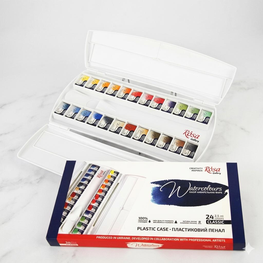ROSA Gallery Classic Watercolour Set — 24 Full Pans 2.5ml, Plastic Travel Case, Professional Artist
