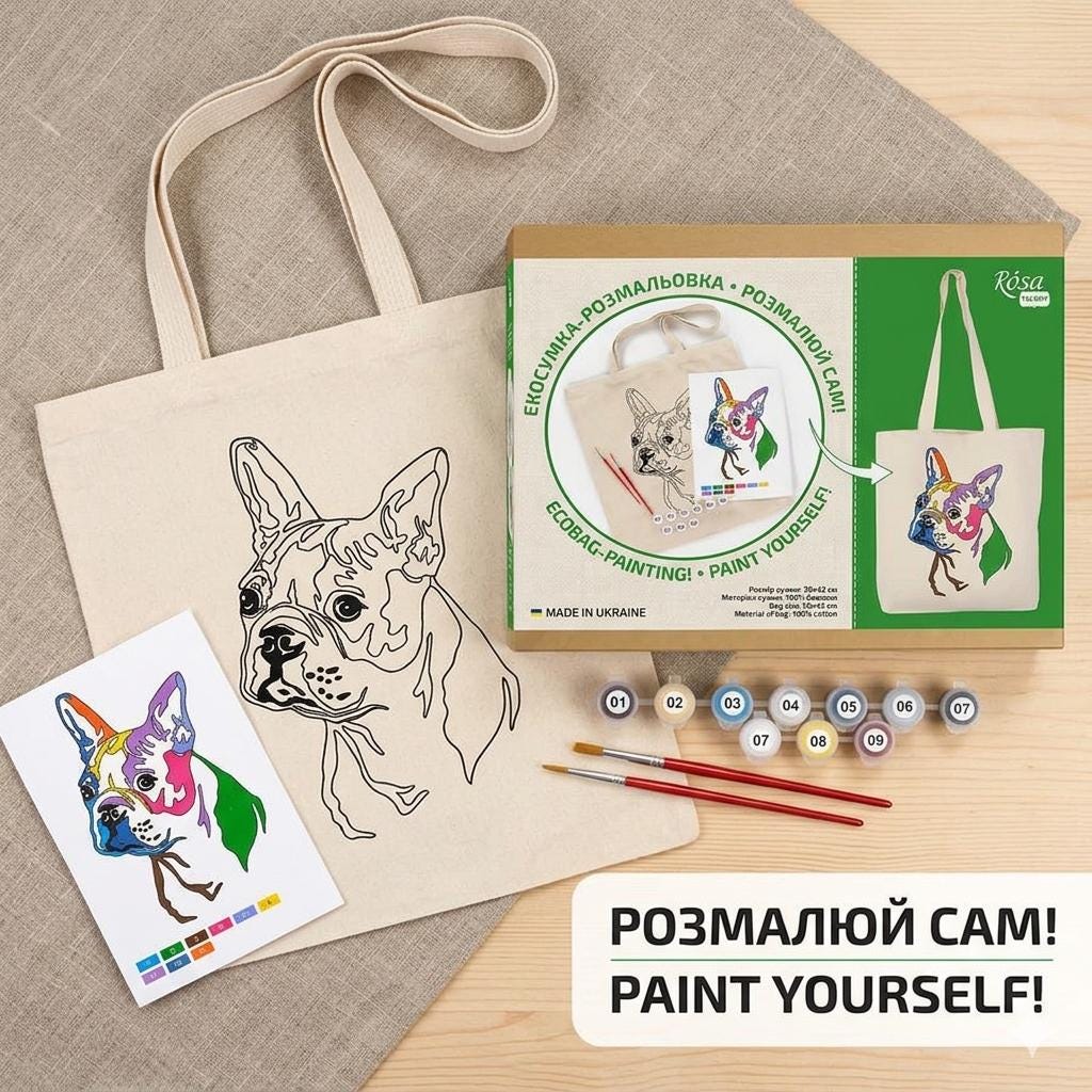 ROSA Talent DIY Tote Bag Colouring Kit — Vibrant Pug Design, Eco Cotton Shopper, Paint Your Own Bag