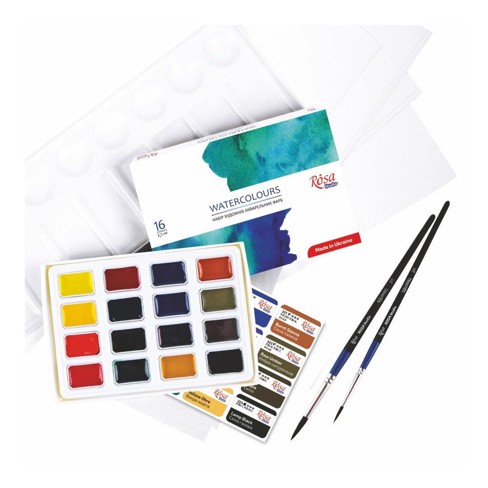 Watercolour Starter Kit 16 Pans, Brushes Paper Palette, Beginner Painting Set ROSA Studio