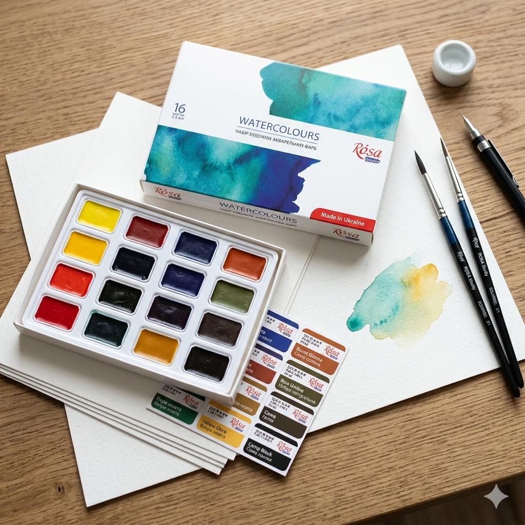 Watercolour Starter Kit 16 Pans, Brushes Paper Palette, Beginner Painting Set ROSA Studio