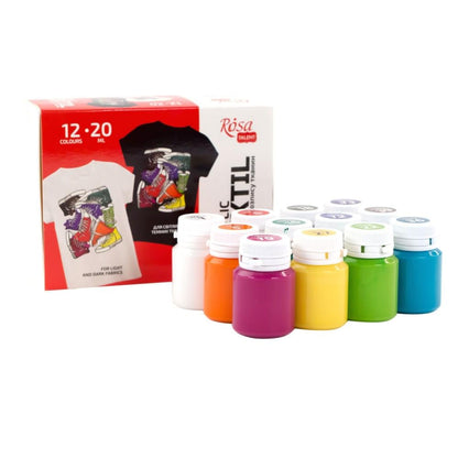 ROSA Talent STYLE Fabric Paint Set — 9, 12 or 18 Colours 20ml, Acrylic Paint for Clothes & Denim, UK