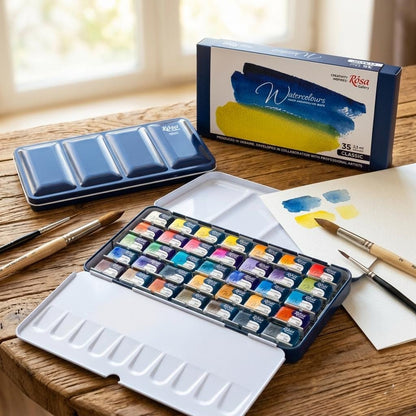ROSA Gallery Classic Watercolour Set — 35 Full Pans 2.5ml, Indigo Metal Case, Professional Artist