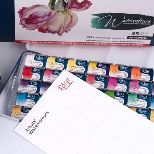 ROSA Gallery Botanical Watercolour Set — 35 Full Pans, Metal Case, Ukrainian Artist Edition