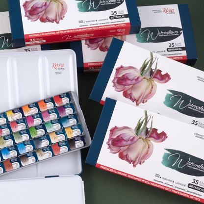 ROSA Gallery Botanical Watercolour Set — 35 Full Pans, Metal Case, Ukrainian Artist Edition