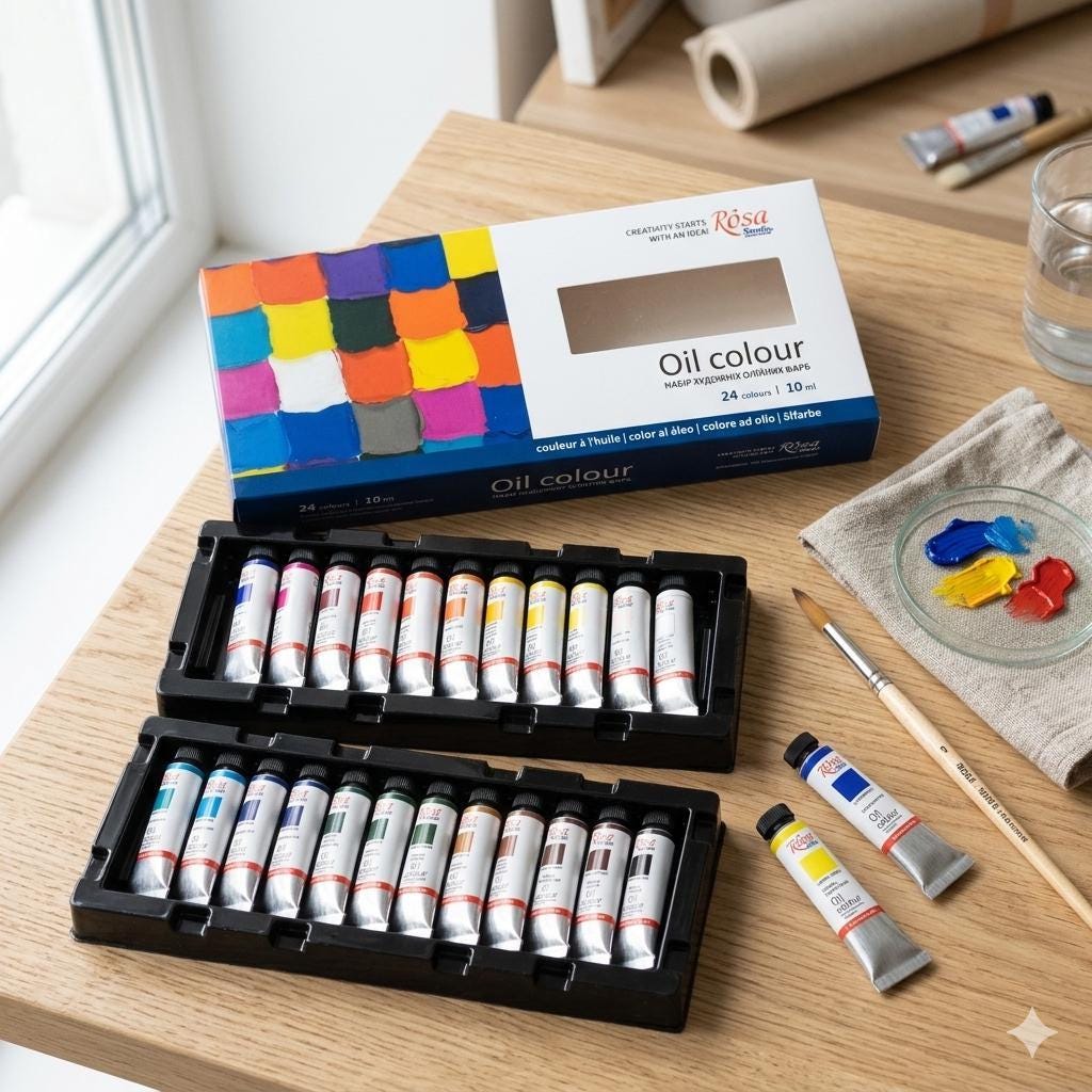 ROSA Studio Oil Paint Starter Set — 24 Colours 10ml Tubes, Beginner Oil Painting Kit, Made Ukraine