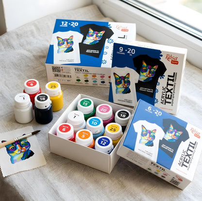 ROSA Talent CAT Fabric Paint Set — 6, 9 or 12 Colours 20ml, Acrylic Textile Paint for Clothes UK