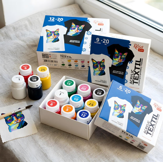 ROSA Talent CAT Fabric Paint Set — 6, 9 or 12 Colours 20ml, Acrylic Textile Paint for Clothes UK