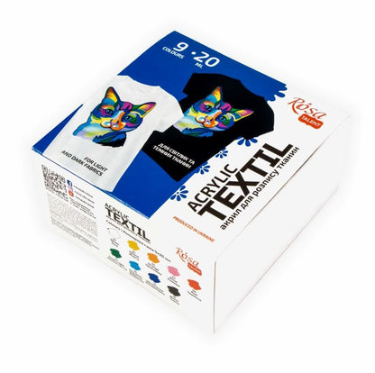 ROSA Talent CAT Fabric Paint Set — 6, 9 or 12 Colours 20ml, Acrylic Textile Paint for Clothes UK