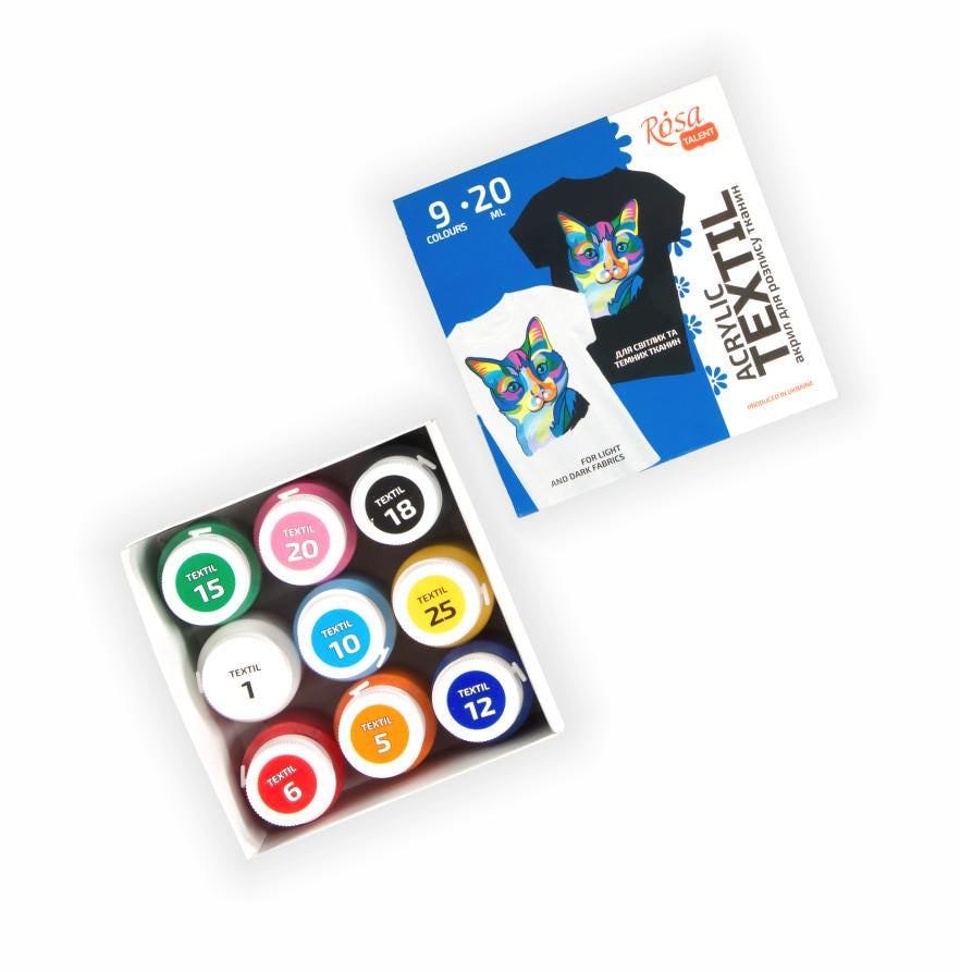 ROSA Talent CAT Fabric Paint Set — 6, 9 or 12 Colours 20ml, Acrylic Textile Paint for Clothes UK