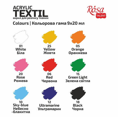ROSA Talent CAT Fabric Paint Set — 6, 9 or 12 Colours 20ml, Acrylic Textile Paint for Clothes UK