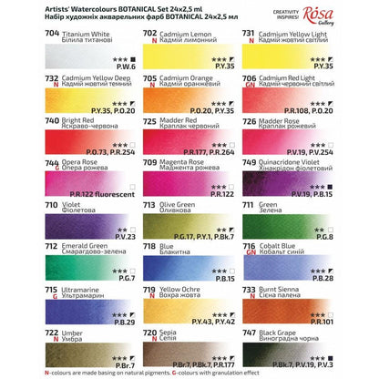 Rosa Gallery Botanical Watercolour Set 24 Full Pans, Transparent Single Pigment, Artist Gift Uk