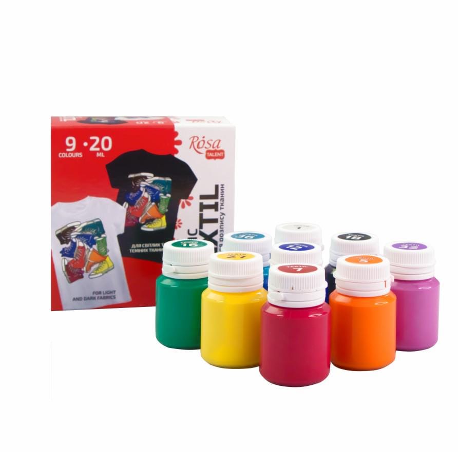 ROSA Talent STYLE Fabric Paint Set — 9, 12 or 18 Colours 20ml, Acrylic Paint for Clothes & Denim, UK