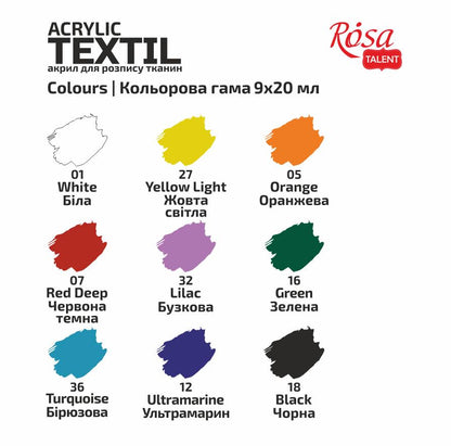 ROSA Talent STYLE Fabric Paint Set — 9, 12 or 18 Colours 20ml, Acrylic Paint for Clothes & Denim, UK