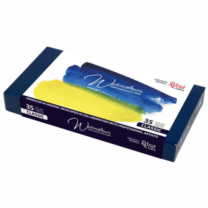 ROSA Gallery Classic Watercolour Set — 35 Full Pans 2.5ml, Indigo Metal Case, Professional Artist