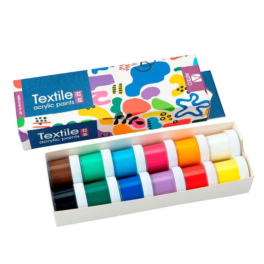 ARTEO Fabric Paint Set 12 Colours 10ml — Abstract Design Box, Acrylic Paint for Clothes & Denim
