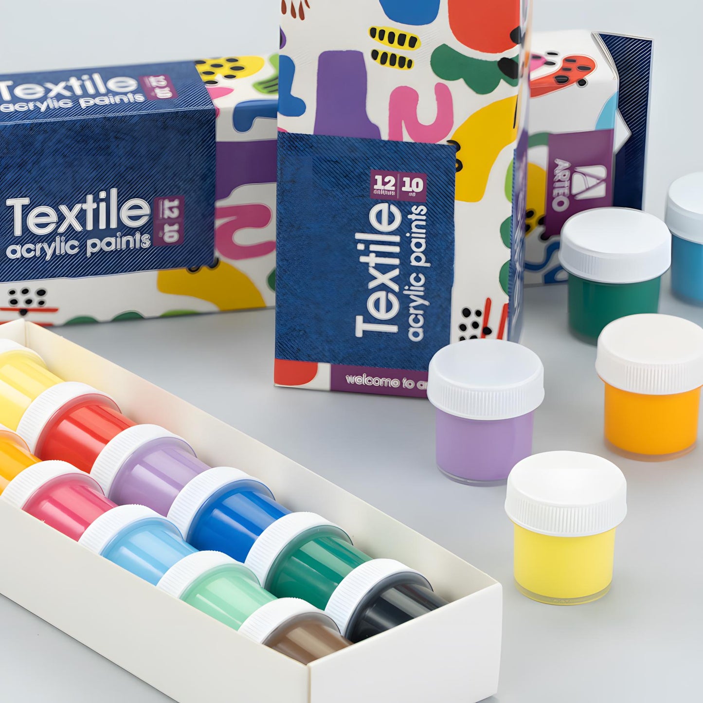 ARTEO Fabric Paint Set 12 Colours 10ml — Abstract Design Box, Acrylic Paint for Clothes & Denim