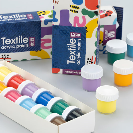 ARTEO Fabric Paint Set 12 Colours 10ml — Abstract Design Box, Acrylic Paint for Clothes & Denim