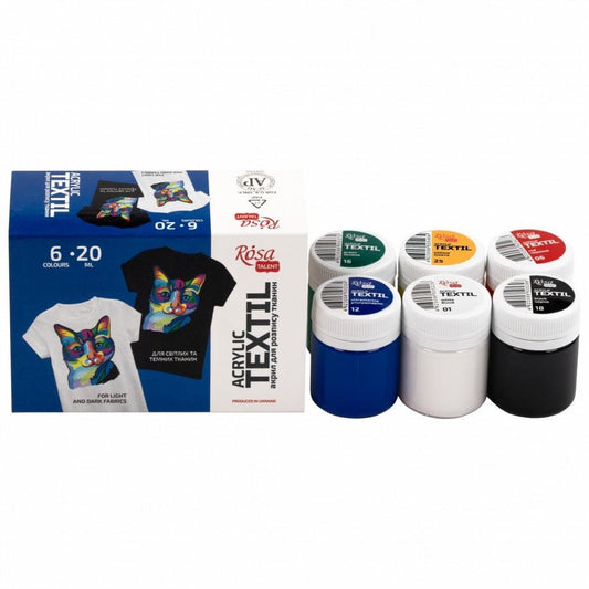 ROSA Talent CAT Fabric Paint Set — 6, 9 or 12 Colours 20ml, Acrylic Textile Paint for Clothes UK