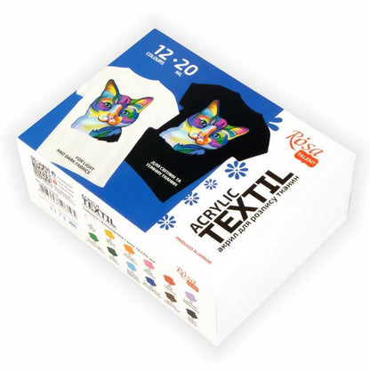 ROSA Talent CAT Fabric Paint Set — 6, 9 or 12 Colours 20ml, Acrylic Textile Paint for Clothes UK