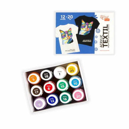 ROSA Talent CAT Fabric Paint Set — 6, 9 or 12 Colours 20ml, Acrylic Textile Paint for Clothes UK