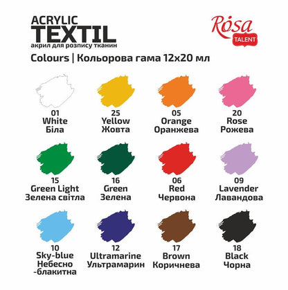 ROSA Talent CAT Fabric Paint Set — 6, 9 or 12 Colours 20ml, Acrylic Textile Paint for Clothes UK