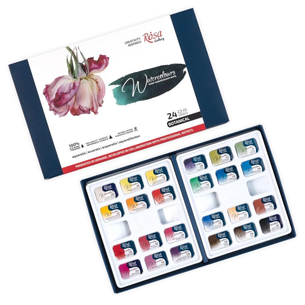 Rosa Gallery Botanical Watercolour Set 24 Full Pans, Transparent Single Pigment, Artist Gift Uk
