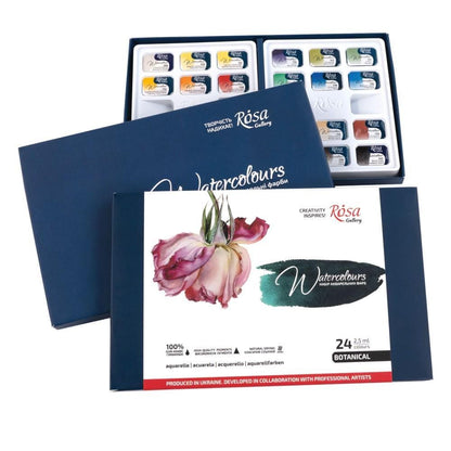 Rosa Gallery Botanical Watercolour Set 24 Full Pans, Transparent Single Pigment, Artist Gift Uk