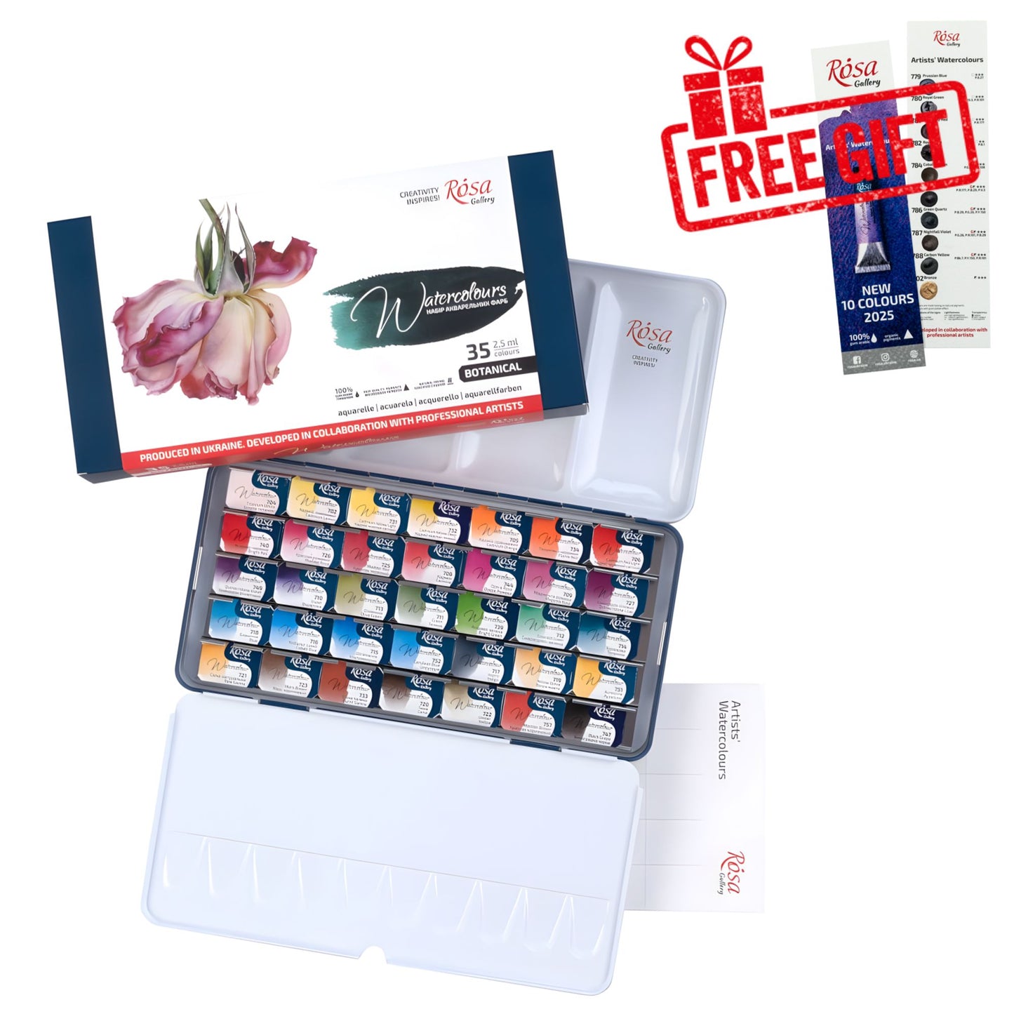 ROSA Gallery Botanical Watercolour Sets — Full Pans, Indigo Metal Case, Ukrainian Artist Edition