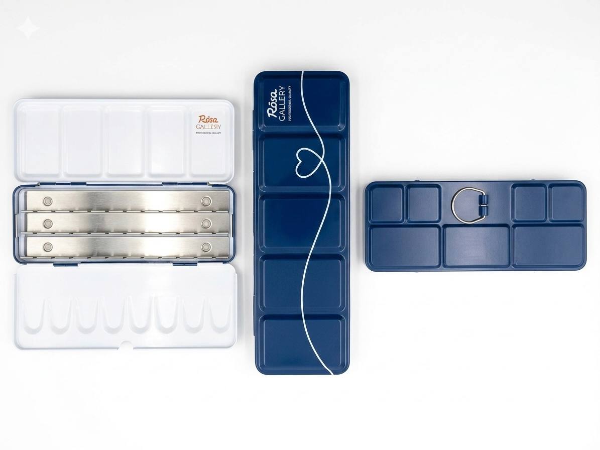 ROSA Gallery Empty Watercolour Case — 12, 21 or 35 Pans, Indigo Metal, Build Your Own Palette