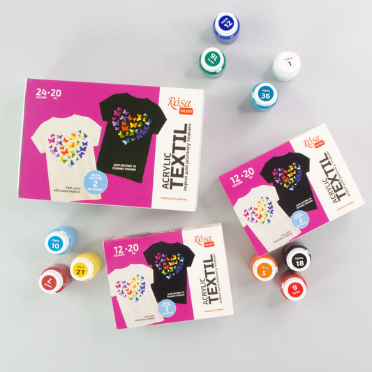 ROSA Talent HEART Fabric Paint Set — 12 or 24 Colours 20ml, Includes Gold & Silver Metallics