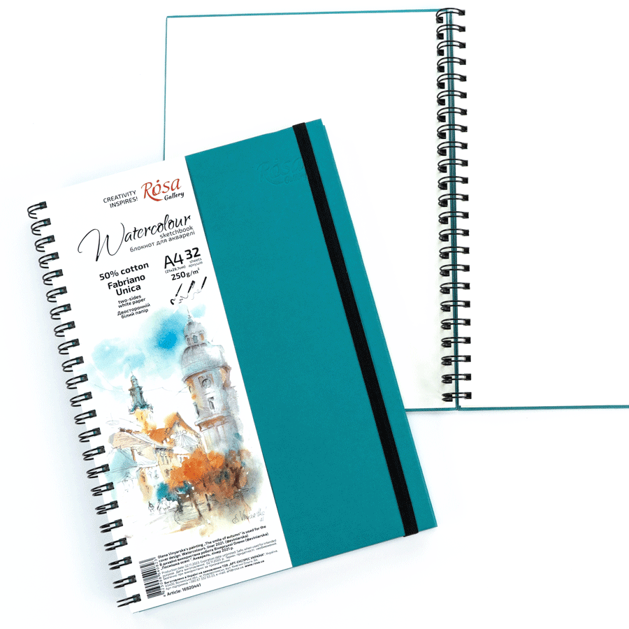 ROSA Gallery Watercolour Sketchbook A4 – 32 Sheets 250gsm 50% Cotton Fabriano Unica Paper, Spiral Hardback, Professional Ukrainian Art Pad