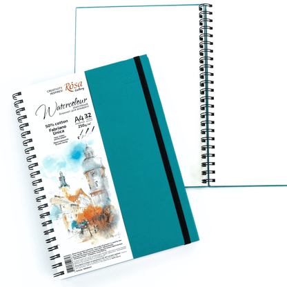 ROSA Gallery Watercolour Sketchbook A4 – 32 Sheets 250gsm 50% Cotton Fabriano Unica Paper, Spiral Hardback, Professional Ukrainian Art Pad