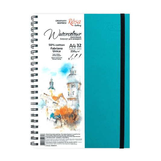 ROSA Gallery Watercolour Sketchbook A4 – 32 Sheets 250gsm 50% Cotton Fabriano Unica Paper, Spiral Hardback, Professional Ukrainian Art Pad